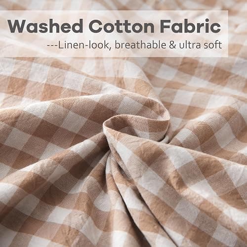 K MASANIJI 2 Pack Taupe White Plaid Ruffle Gingham Throw Pillow Covers, 100% Washed Cotton Checkered Fall Decorative Farmhouse Pillow Shams - 18''x18'' thumbnail 6