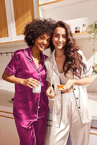 Ekouaer Satin Pajamas Set Women Short Sleeve Sleepwear Soft Button Down Loungewear Pjs Set thumbnail 3