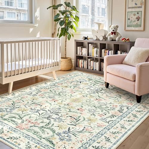 Lahome Boho Rugs for Living Room, Washable Large 8 x 10 Area Rugs for Bedroom Non Slip, Soft Ultra-Thin Distressed Floral Throw Carpet for Office Dining Room, Cream/Multi thumbnail 7