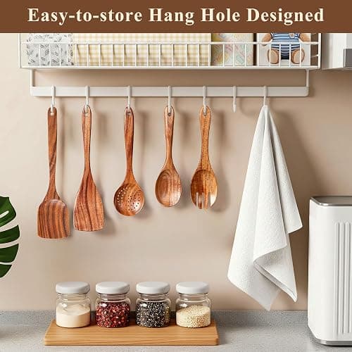 Wooden Spoons for Cooking, 12 Pcs Teak Wood Kitchen Utensils Set with Spoon Rest - Nonstick Heat Resistant Wooden Cooking Utensils, Natural Healthy Spatula Set for Pots and Pans thumbnail 8
