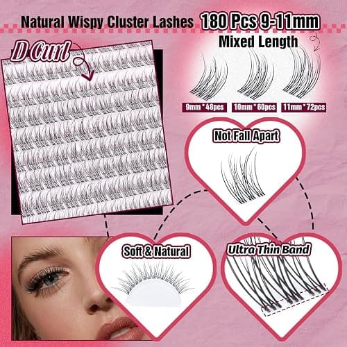 Natural Lash Extension Kit Wispy Eyelash Clusters 9-11mm Lash Cluster Kit with Lash Bond and Seal and Lash Applicator 180pcs Cluster Eyelash Extensions Kit for Beginners DIY at Home by Yawamcia thumbnail 3