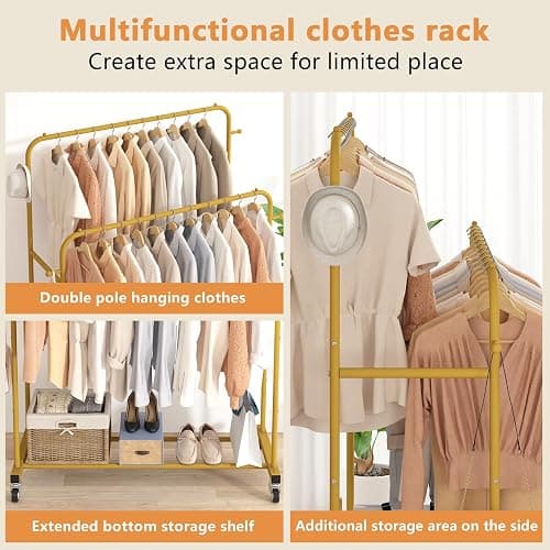 Laiensia Double Rods Garment Rack with Wheels, Clothing Rack for Hanging Clothes,4 Hooks, Multi-functional Bedroom Clothes Rack, Gold thumbnail 8