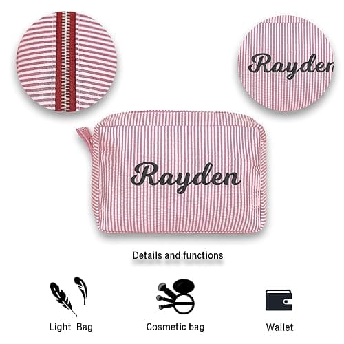 MT WORLD Personalized Makeup Bag Cute Cotton Cosmetic Bag for Women Seersucker Bridesmaid Travel Makeup Bag for Girls Aesthetic Toiletry Bag Organizer Storage Pouch (Red) thumbnail 5