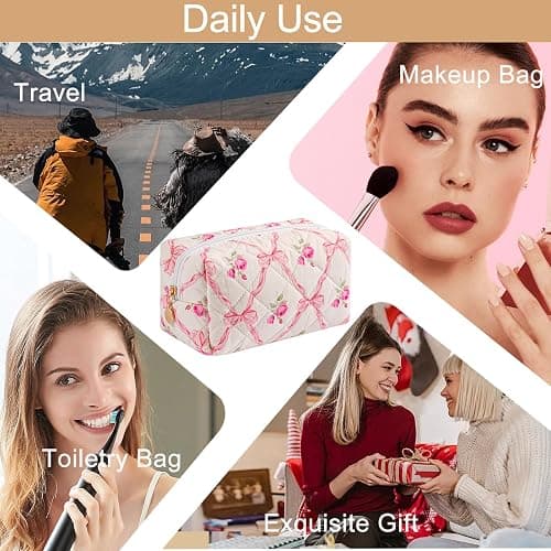 HHQQWZ Travel Makeup Bag, Cosmetic Bag for Women Girls, Floral Flowers Toiletry Organizer, Portable Storage Bag, Pink Bowknot/Gold Zipper thumbnail 6