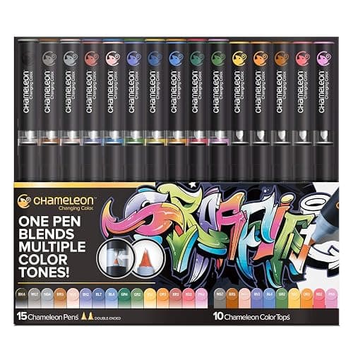 Chameleon Art Pens, 25-Pen Deluxe Set (15 Pens + 10 Color Tops) - Multicolor, 0.3mm Chisel Tip, Ambidextrous, Refillable, Perfect for Drawing, Coloring, Sketching - Image 1