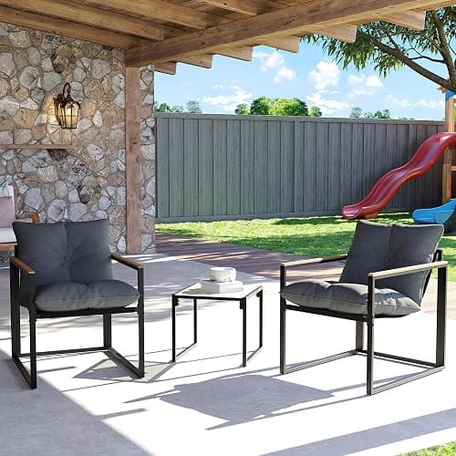 3 Piece Patio Bistro Set, Small Outdoor Furniture with Heat-Resistant Wood Armrests & Breathable Textilene Chairs, Glass Side Table & Thick Cushions for Apartment Balcony, Porch, and Garden (Gray) thumbnail 8
