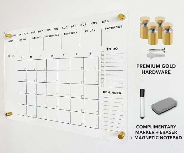 Premium Acrylic Wall Calendar - 24x18" Dry Erase Board - Large Glass Calendar for Wall - Reusable Board for Office and Home - Gold Hardware (24x18" (Regular)) thumbnail 5