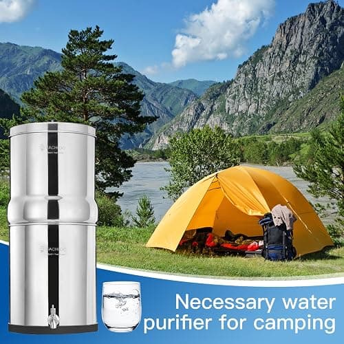 FACHIOO 2.25 Gallon Stainless Steel Gravity-Fed Water Filter System with 2 White Ceramics Purification Washable Filter, Portable Countertop Filter System for Home and Outdoor Camping Use thumbnail 3