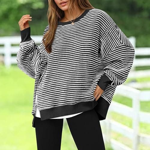 MBDWWLC Oversized Sweatshirt for Women Waffle Knitted Tunic Top Long Sleeve Crewneck Split Lightweight Fall Pullover Sweater thumbnail 3
