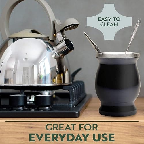Norte Yerba Mate Cup Kit, 8-Ounces Traditional Mate Tea Cup/Gourd Set | Includes 2 Bombillas (Yerba Mate Straw) & Cleaning Brush, Stainless Steel Cup, Double-Walled, Easy to Clean | Black thumbnail 5