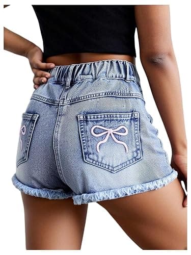 Floerns Girl's Cute Bow Embroidery Jean Shorts Elastic Waist Raw Hem Ripped Denim Shorts - Image 1