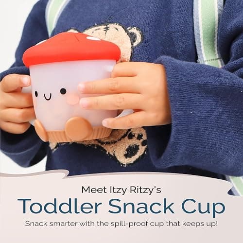 Itzy Ritzy Toddler Snack Cup - Spill-Proof Snack Cup for Toddlers with Soft Silicone Lid for Easy Food Access - Easy-To-Hold Kids Snacks Container With Handles - Ideal for 12 months & Up (Mushroom) thumbnail 4