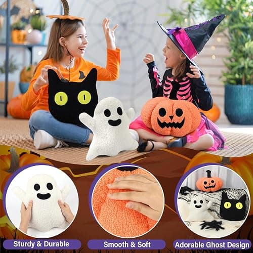 Justforjoyful 3Pcs Halloween Pillow Plush Pumpkin Ghost Throw Pillow for Halloween Home Party Decoration Stuffed Black Cat Shaped Cushion Pillow for Cozy Halloween Living Room Bedroom Sofa Supplies thumbnail 3