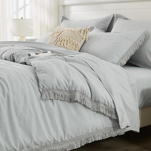 Andency Light Grey Queen Size Comforter Set with Sheets - 7 Pieces Boho Tassel Bed in a Bag Soft Lightweight Bedding Sets, Light Grey Fringe Bed Set with Comforter, Sheets, Pillowcases & Shams thumbnail 8