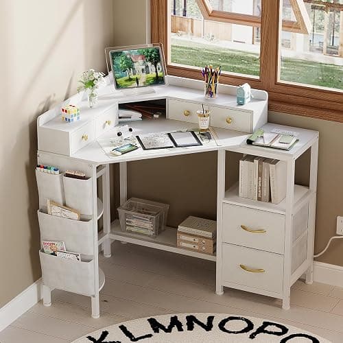 Espelism Corner Vanity Desk with Charging Station, 49.6" Makeup Table with Fabric Drawers & Side Pocket, Space-Saving Dressing Table for Small Space Bedroom Dorm(White) thumbnail 3