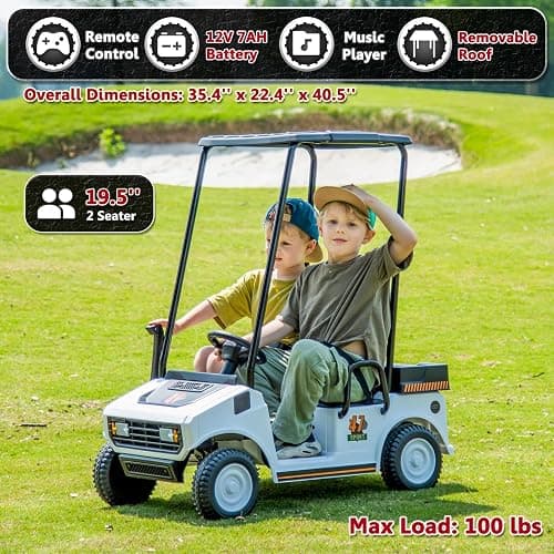 12V Golf Cart for Kids Boys Girls 2 Seater Electric Ride on Toys, White | Detachable Sunshade Roof, 2WD, With Remote Control, Music Player, for Kids 3-5, Max Load 100 Lbs thumbnail 3