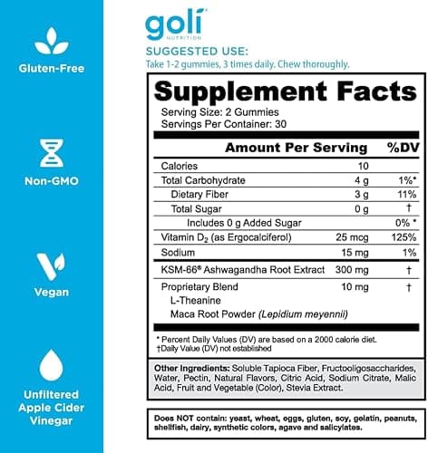 Goli Zero Sugar Ashwagandha Gummies with KSM-66, L-Theanine, Maca and Vitamin D - No Sugar Alcohols - Vegan, Keto-Friendly, Non-GMO thumbnail 5