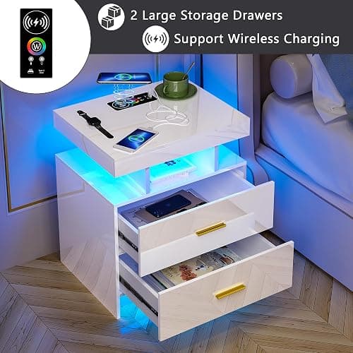 HNEBC Auto LED Nightstand with Wireless Charging Station & USB Ports,High Gloss Bedside Tables with 2 Drawers,Floating Nightstand with 3 Color & Adjustable Brightness for Bedroom,White thumbnail 3