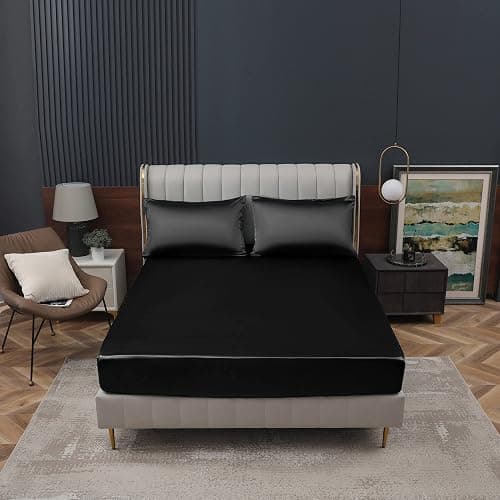 Homiest Black Satin Fitted Sheet Queen Size, Deep Pocket, Luxury & Ultra Soft Bedding - Queen - Fitted - Black thumbnail 2