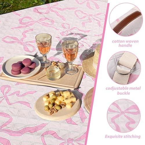 SmoothNovelty Pink Bow Picnic Blanket 80'' x 80'' Waterproof Extra Large Camping Blanket Coquette Picnic Mat Foldable Portable Preppy Outdoor Beach Mat with Carry Strap for Outdoor Grass Lawn Park thumbnail 5