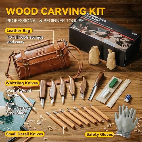 Wood Carving Kit, 33Pcs Wood Carving Tools Set with Thick Leather Storage Bag, Deluxe Wood Carving Set, 6 Wood Carving Knives 8 Chisels 6 Blocks Whittling Kit for Beginners Enthusiasts Kids Gift DIY thumbnail 2
