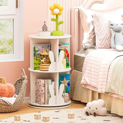 HONEY JOY Kids Rotating Bookshelf, Wooden Spinning Small Corner Organizer w/Baffles, 360°Display Standing Toddler Bookshelf, Narrow Storage Rack, Montessori Book Shelf for Nursery, Playroom (White) thumbnail 8