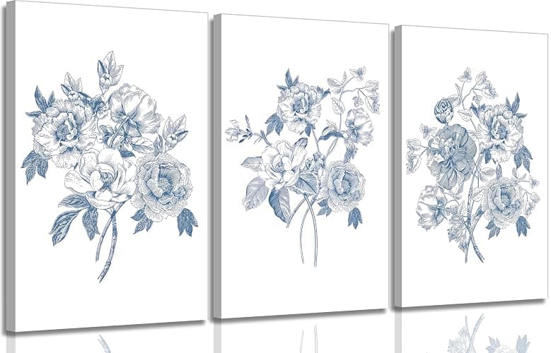 Blue Flower Canvas Wall Art Abstract Chinoiserie Floral Painting Picture Decor Minimalist Botanical Sketch Poster Print Artwork for Gallery Living Room Wall Home Decoration - Image 1