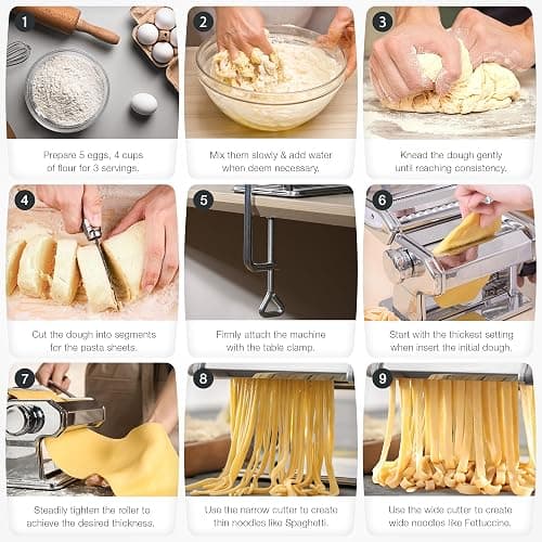 ISILER Pasta Maker, 9 Adjustable Thickness Settings 2-in-1 Pasta Machine with Rollers and Cutter, Noodle Maker for Pasta, Dumpling Skin, Spaghetti, Fettuccini, Lasagna thumbnail 7