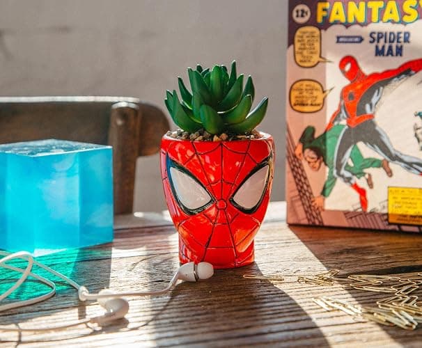 Toynk Marvel Comics Spider-Man Web-Head 3-Inch Ceramic Mini Planter with Artificial Succulent | Small Flower Pot, Faux Indoor Plants thumbnail 4