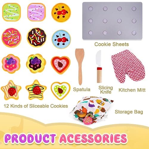 Slice and Bake Wooden Cookie Play Food Set for Kids Kitchen - Toy Food Accessories - Kids Pretend Cookies and Baking Sheet, Toy Baking Set for 3+ Year Old Boys Girls Birthday Gifts thumbnail 4
