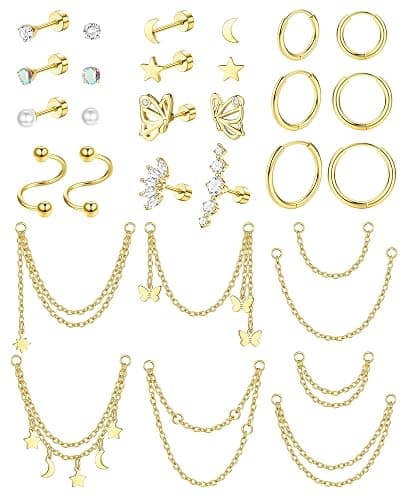 ZELORES 20G Cartilage Earrings Set For Women Men Stainless Steel Small Huggie Hoop Earring Flatback Star Moon Butterfly CZ Cartilage Stud Earrings Chain Dangle Cartilage Helix Tragus Piercing Jewelry - Image 1
