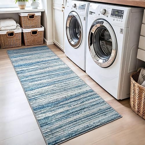 Chicrug 2x6 Blue Washable Runner Rug for Hallway Kitchen Entryway Non Slip | Striped Abstract Long Runners Rugs for Bedroom, 6ft Low Pile Floor Carpet Runner for Bedside Dorm Laundry Room thumbnail 5