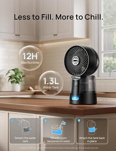 DREO TurboCool Misting Fan 516, 150°+30° Omni-directional Oscillating, Desk Cooling Fan 5℉ Drop, Evaporative air cooler, 26 ft/s Wind, Ultrafine Mist, 20dB, 6 Speeds 2 Modes, Remote Control, Black thumbnail 6