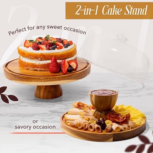 Acacia Wood Cake Stand with Dome Lid, Multifunctional 2-in-1 Round Cake Display with Shatterproof Acrylic Dome, Charcuterie & Cheese Board, Nachos & Snacks, Dessert Display thumbnail 5