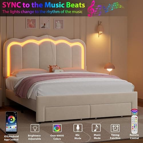 Full Upholstered LED Bed Frame with 2 Storage Drawers and Adjustable Chic Double Wavy Headboard, Velvet Princess Platform Bed with Charing Station, Solid Wood Slats Support,No Box Spring Needed,Beige thumbnail 5