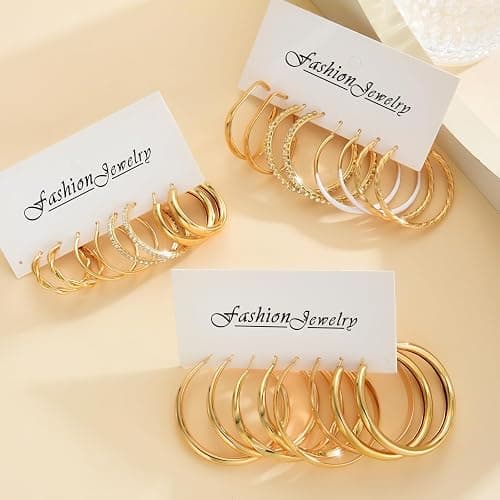 12 Pairs Gold Hoop Earrings Set for Women, Lightweight Hoop Jewelry | Large hoop earrings, 30mm 40mm 50mm sizes, Lightweight design, 14K gold plated, Hypoallergenic, Perfect Jewelry Gift thumbnail 6