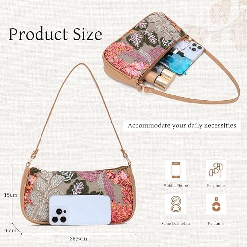Oweisong Women Floral Beaded Purses Summer Hobo Embroidered Shoulder Bag Leather Sequin Top Handle Underarm Handbag thumbnail 4