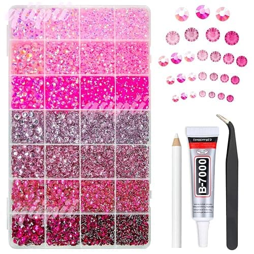 qiipii 28 Types Pink Jelly Resin Rhinestones w B7000 Glue for Bedazzling Crafting 3mm-6mm Flatback Colorful Stones Gems Diamonds Bedazzler Kit for Nails Face Eyes Makeup Crafts Tumblers Bottles Shoes - Image 1
