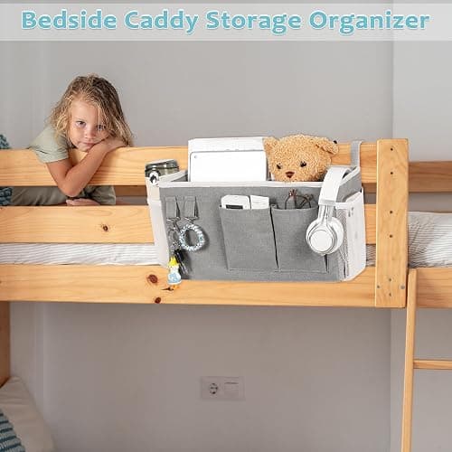 Loghot Bedside Caddy/Bedside Storage Bag Hanging Organizer for Bunk and Hospital Beds,Dorm Rooms Bed Rails,Can be Placed Glasses,Books,Mobile Phones,Keys (Grey) thumbnail 6