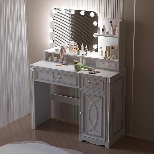 ⭐️Ylued Vanity Desk with Mirror and Lights Power Outlet, 39 inch Makeup Vanity with Charging Station, Mid-Century Modern Dressing Table with 2 Drawers for Bedroom, White thumbnail 8