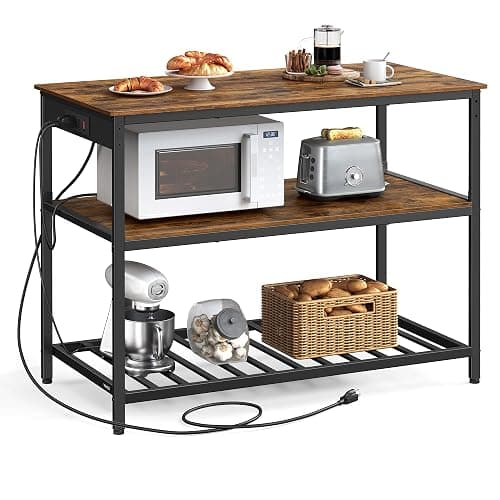 VASAGLE Kitchen Island with 3 Shelves, 47.2 Inches Width Kitchen Shelf with Power Strip, Large Worktop, Stable Steel Structure, Industrial, Easy to Assemble, Rustic Brown and Black UKKI101K01 - Image 1