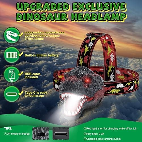 Nitigo Dinosaur Headlamp for Kids Flashlight Rechargeable Led Headlights Roar & Silent Mode, T-Rex Dinosaur Toys for Kids 3-5 4-6 5-7 6-8, Camping Gear, Easter Gifts for Boys Girls Adults thumbnail 7