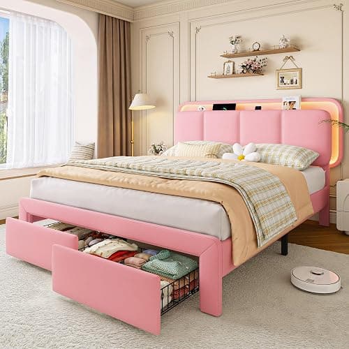 Einhomn Full Size Upholstered Bed Frame with 2 Underbed Drawers & Storage Headboard, Velvet Platform Bed with LED Lights & Charging Station, Sturdy Metal & Wood Structure, Noise-Free,Pink - Image 1