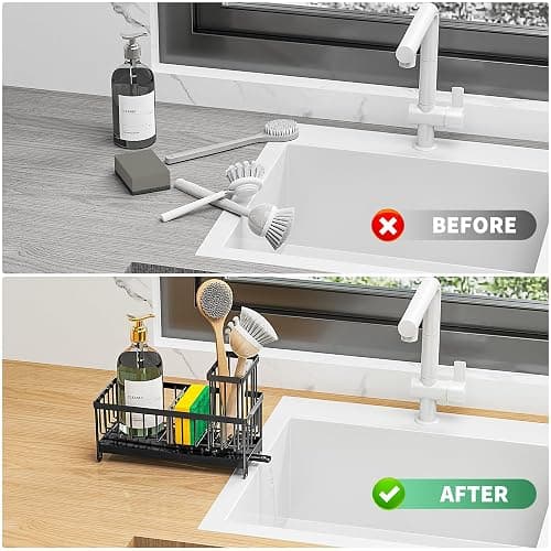 Cisily Sponge Holder for Kitchen Sink, Sink Caddy with High Brush Holder, Kitchen Sink Organizer Countertop Rustproof 304 Stainless Steel , Soap Dispenser Kitchen Organizers and Storage Essentials - Black thumbnail 6