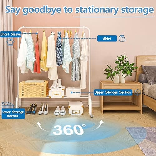 JIUYOTREE Metal Clothing Rack with Wheels, 43.3 Inches Rolling Clothes Garment Coat Rack with Bottom Shelf, Clothing Rack for Hanging Clothes, Coats, Skirts, Shirts, Sweaters, White - White - with wheel thumbnail 4