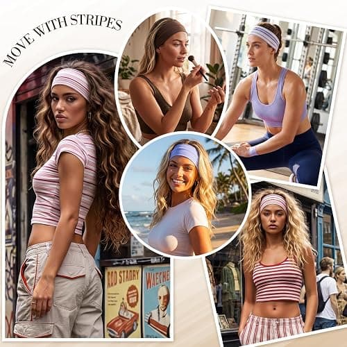 Needbrock 5 Pack Striped Sports Headbands for Women, Soft Elastic | Elastic Hair Bands,Workout Headbands, Cotton Blend, Workout and Daily Wear, Fits Most Hair Types,Retro Hair Accessories thumbnail 6