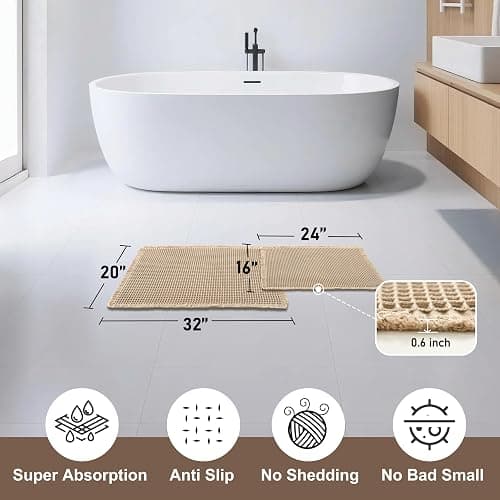 JIUZHEN Set of 2 Waffle Bath Mats Boho Non Slip Bath Rugs Washable Bathroom Rugs Super Absorbent Waffle Mats Ultra Soft Fast Drying Mat for Bathroom Floor, Tub, 16" x 24" +20" x 32", Brown thumbnail 2