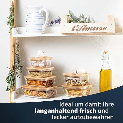 KHG Frischhaltedosen Glas Set 3-teilig Holz Deckel Bambus rechteckig, verschiedene Größen, auslaufsicher, luftdicht, spülmaschinengeeignet, mikrowellen- und backofengeeignet - - 3er Set Rechteckig thumbnail 6