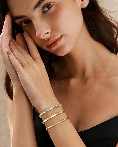 Fansilver 14K Gold Bracelets for Women Trendy Bangle Cuff Chain Bracelets Set Gold Plated Paperclip Bead Tennis Bracelet Chunky Gold Filled Bracelet Stack 3/4PCS thumbnail 5