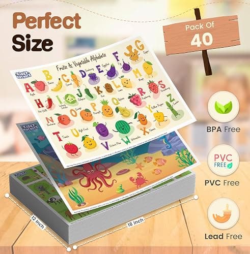 40 Pack Waterproof Disposable Placemats for Baby, Place mats for Kids, Toddler - Kids Placemats for Dining Table Tyke, Restaurants, and Travel (Aquarium, Alphabet and Zoo Theme) thumbnail 2